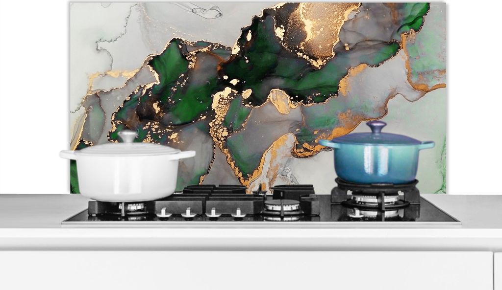 KitchenYeah Spritzschutz Küche - Küchenrückwand - Wandschutz für Herd und Spüle - Marmor - Gold - Grün - Luxus 100x50 - Alu-Dibond (Altern...
