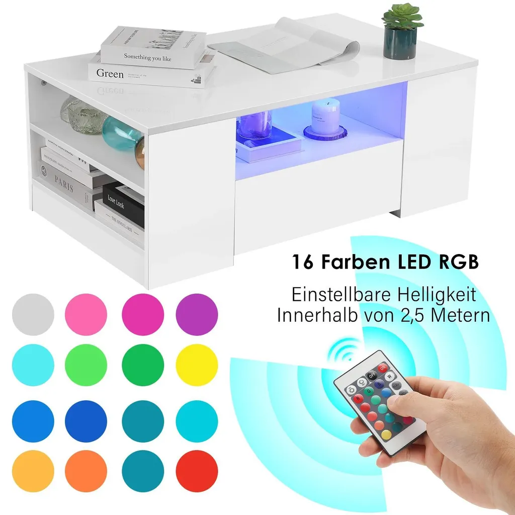Table basse blanche brillante LED - Solution de rangement salon 2 tiroirs - 6