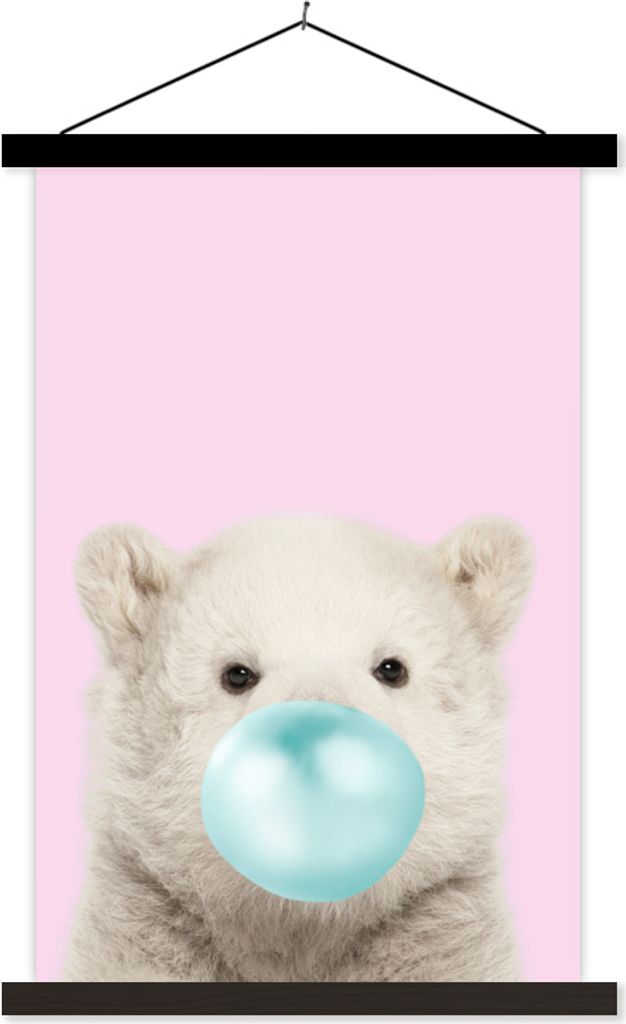 MuchoWow Textilposter Eisbär - Kaugummi - Rosa - Blau - Kinder - Mädchen 40x60 cm mit schwarzem Rahmen - Wanddekorationen