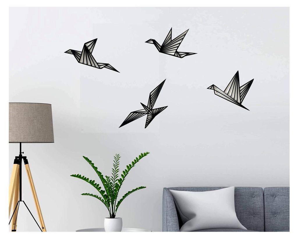 Wanddekoration mit Vögeln aus Holz, 4 Stück, geometrische Ornamente, Origami, minimalistische Wandkunst, hängende Dekoration, Schwarz