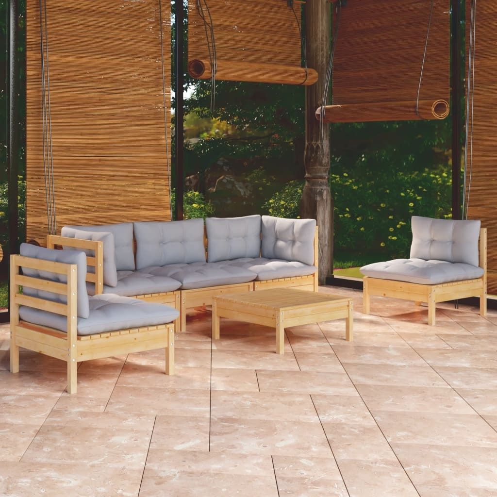 Eleganten-Stil 6-tlg. Garten-Lounge-Set mit Grauen Kissen Kiefer Massivholz DE5566997