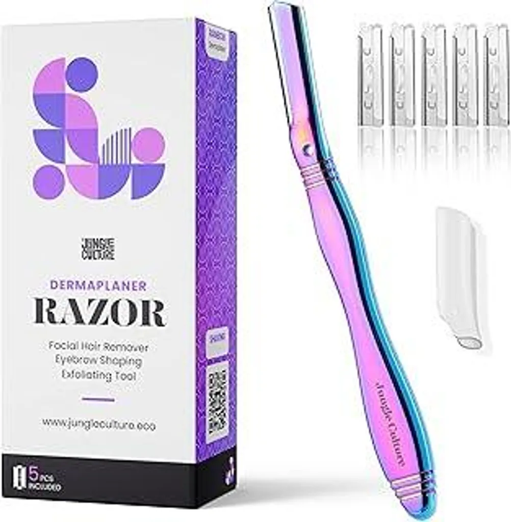JUNGLE CULTURE Rasoio per dermaplaning da donna | Depilatore viso per donne, rasoio viso di alta qualità in metallo con 5 lame di ricambio, rasoio per sopracciglia peluria e contorni | Arcobaleno