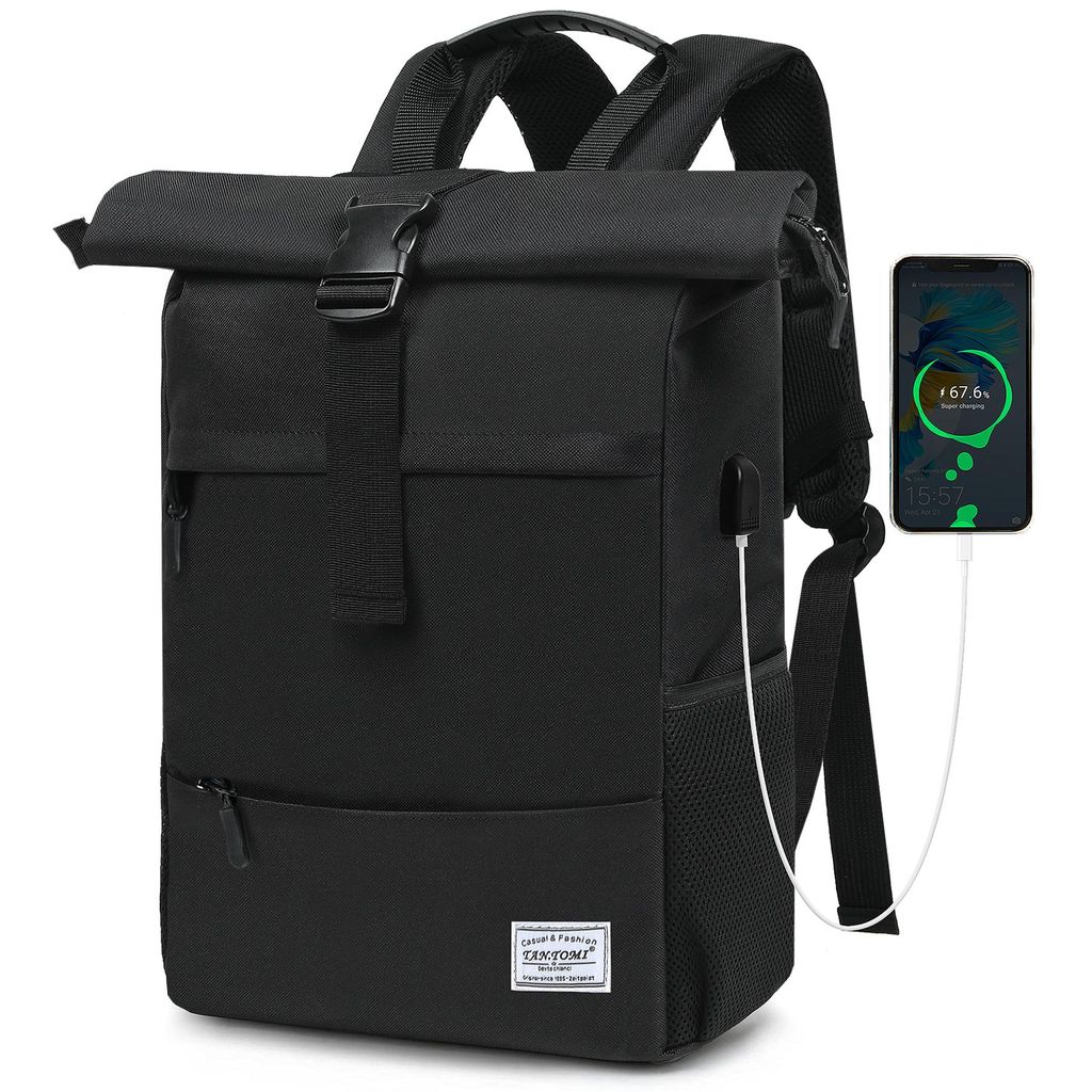 Cityrucksack Freizeitrucksack Groß Damen lässiger Rolltop Rucksack Herren Backpack, Arbeitsrucksack viele Fächer mit 15,6" Laptopfach/USB
