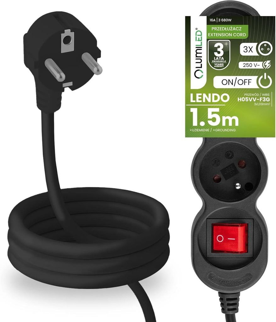 LUMILED Steckdosenleiste mit ON/OFF Schalter 3-Fach Steckdose Typ E, 1,5m Kabel H05VV-F3G schwarz Mehrfachsteckdose E Stecker 16A 3680W 250V IP20 H...