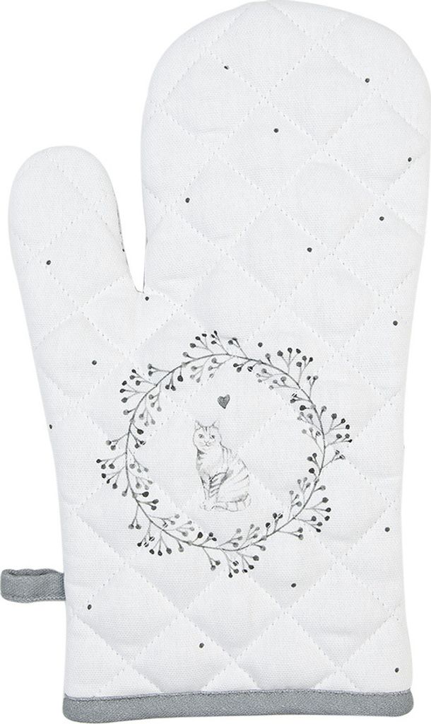 Clayre & Eef Ofenhandschuh 18x30 cm Weiß Grau Baumwolle Katze