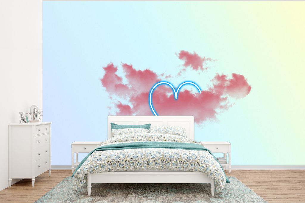 MuchoWow Fototapete für Wohnzimmer oder Schlafzimmer Wandtapete Vinyl Motivtapete Neonherz in den Wolken - 375x280 cm - Schlafzimmer tapete