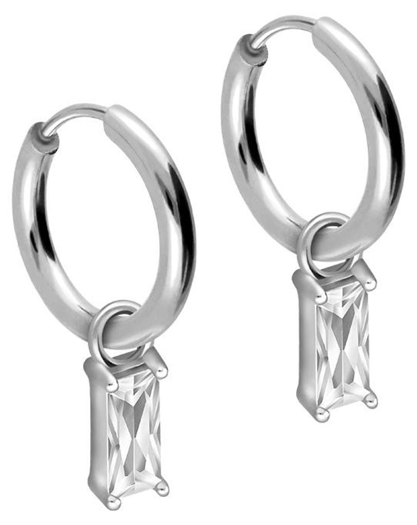 Chirurgenstahl Ohrclicker Creolen EINGEFASSTES KRISTALLRECHTECK Silber Innendurchmesser: 10mm + Designstärke: 1,6mm