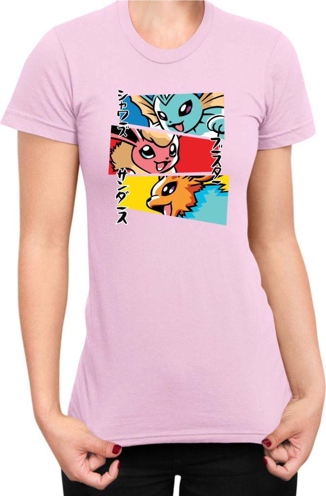 Damen T-Shirt Japan Manga Anime Comics Animation Pokeball Eevee Evolutions, Lady XL / Hellrosa