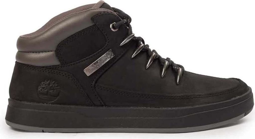 A black Timberland boot is shown against a white background.