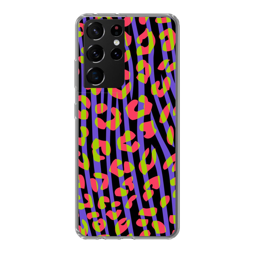 MuchoWow Handyhülle Schutzhülle Hülle für Samsung Galaxy S21 Ultra Pantherdruck - Zebra - Neon Silikon Softcase Handy Hülle - Mobiltelefon
