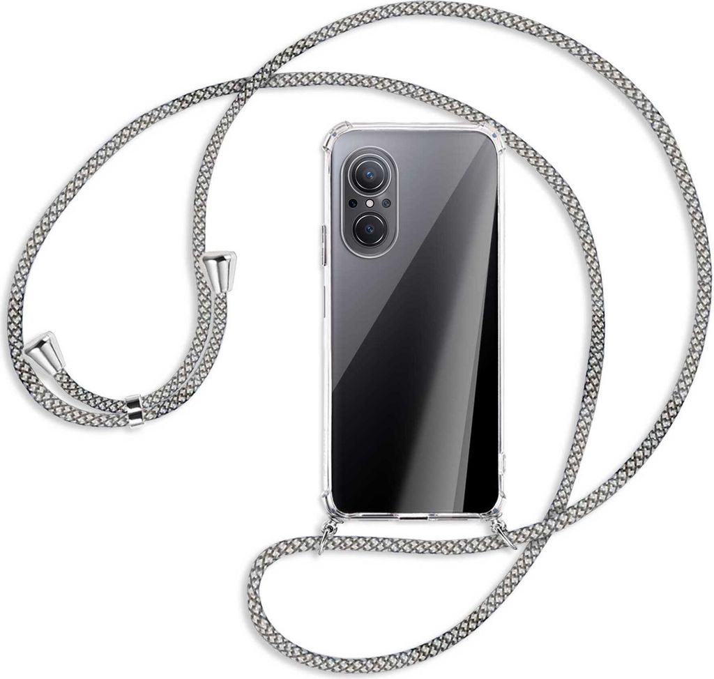 Handykette Backcover-Schutzhülle mit Band (Metall silberfarben) für Huawei nova 9 SE - weiß/grau kariert