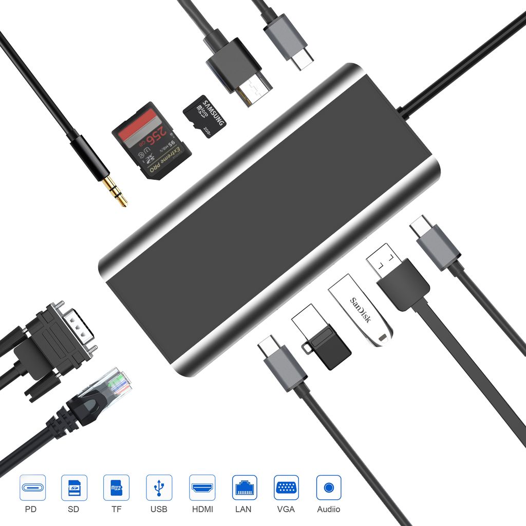 INF 13-in-1 USB-C-Hub-Adapter mit HDMI, VGA, Ethernet und PD-Ladung