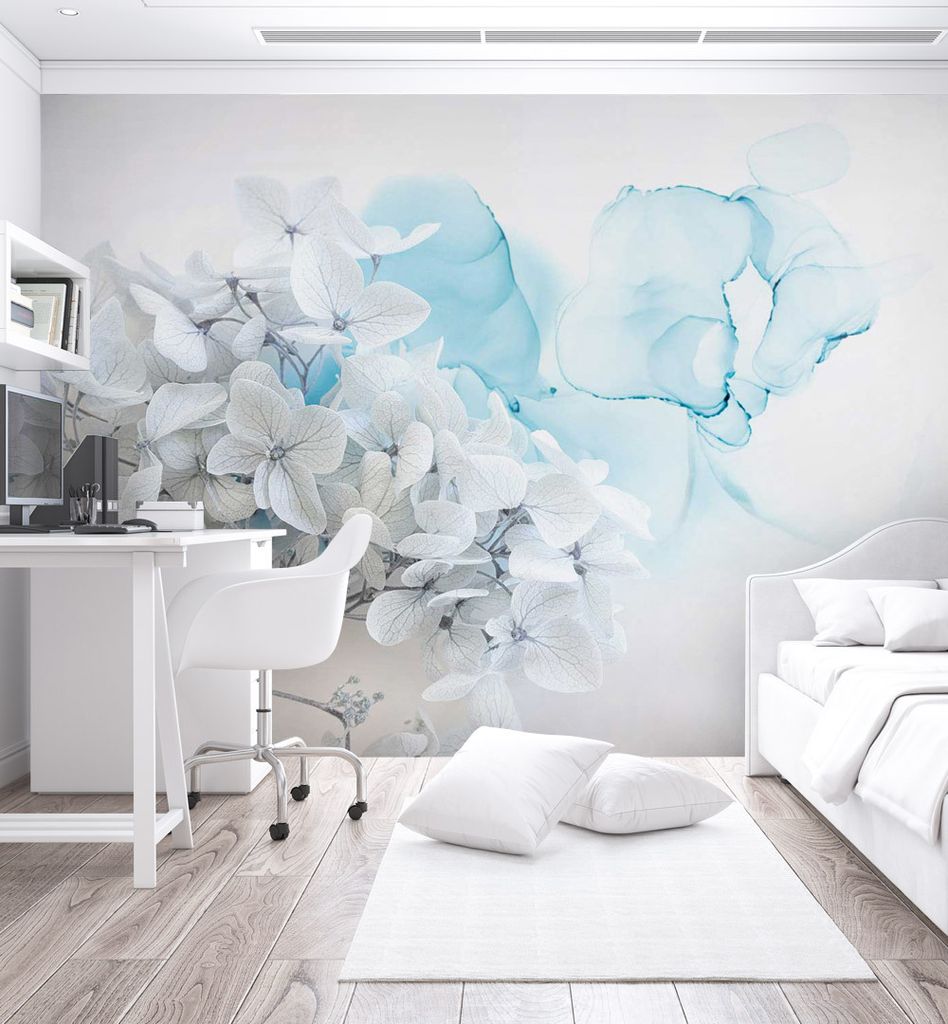 Fototapete Blühende Blumen mit blauen Wasserflecken, Material:Superior Vlies 350g/qm, Größe Tapete:390 x 300cm