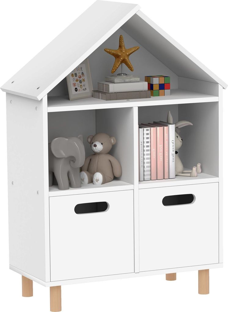 AIYAPLAY Kinderregal, Aufbewahrungsmöbel für Kinder, 3 Ebenen mit zwei Schubladen, Hausform, für Kinderzimmer, Schlafzimmer, 63,7 x 29,7 x 89,5 ...