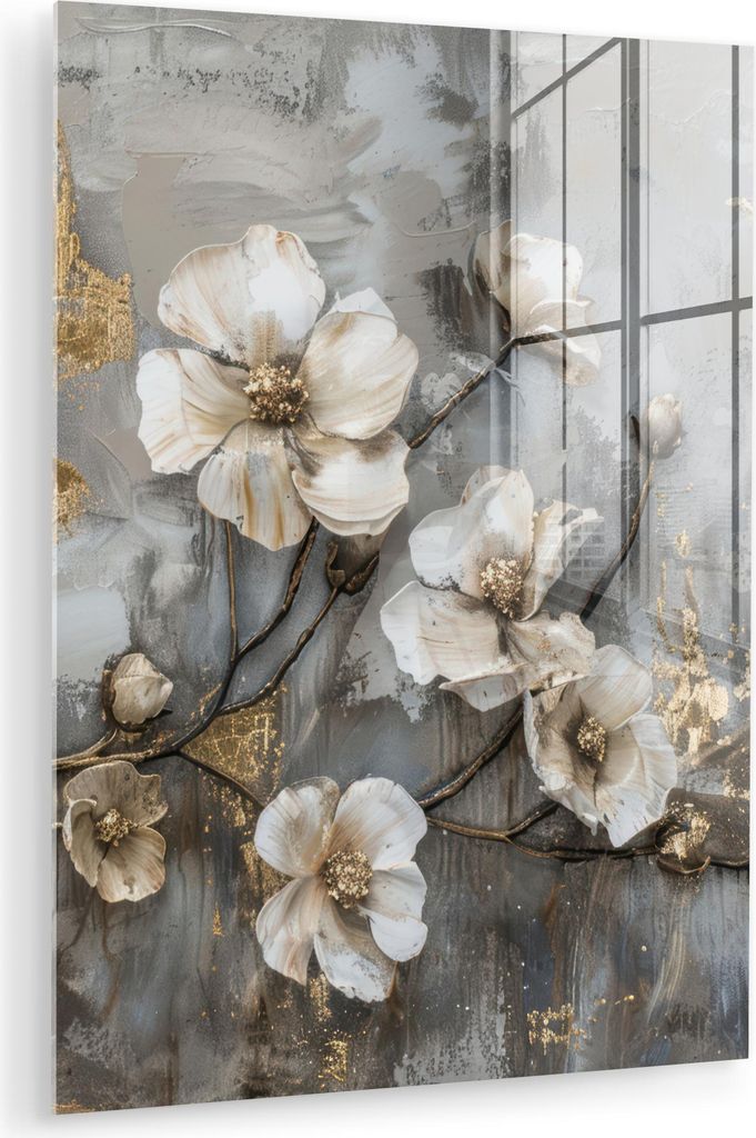 MuchoWow Glasbilder - Bilder auf Wandbild - Foto auf Glas Blumen - Weiß - Grau - Gold - Luxus 60x80 cm Wanddekoration aus Glas - Acrylglasbild - A...