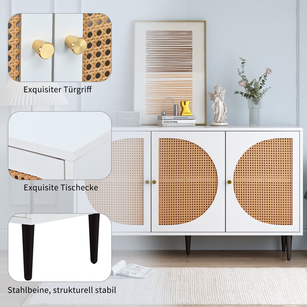 VOWNER Rattan Buffetschrank 80x40x80cm - Sideboard Mit Rattantüren Holzfarbe