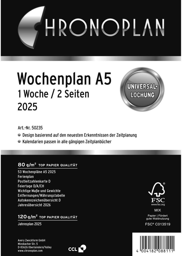 Týdenní plán CHRONOPLAN 2025 1 týden/2 strany A5 sloupce Obrázek produktu 1
