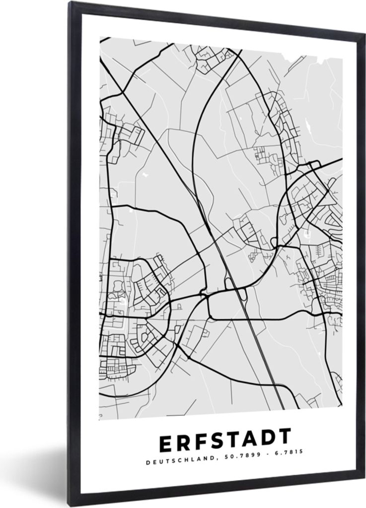 MuchoWow Gerahmtes Poster Deutschland - Stadtplan - Erfstadt - Karte 40x60 cm - Poster mit Schwarzem Bilderrahmen Wandposter Rahmen Foto Bilder -...