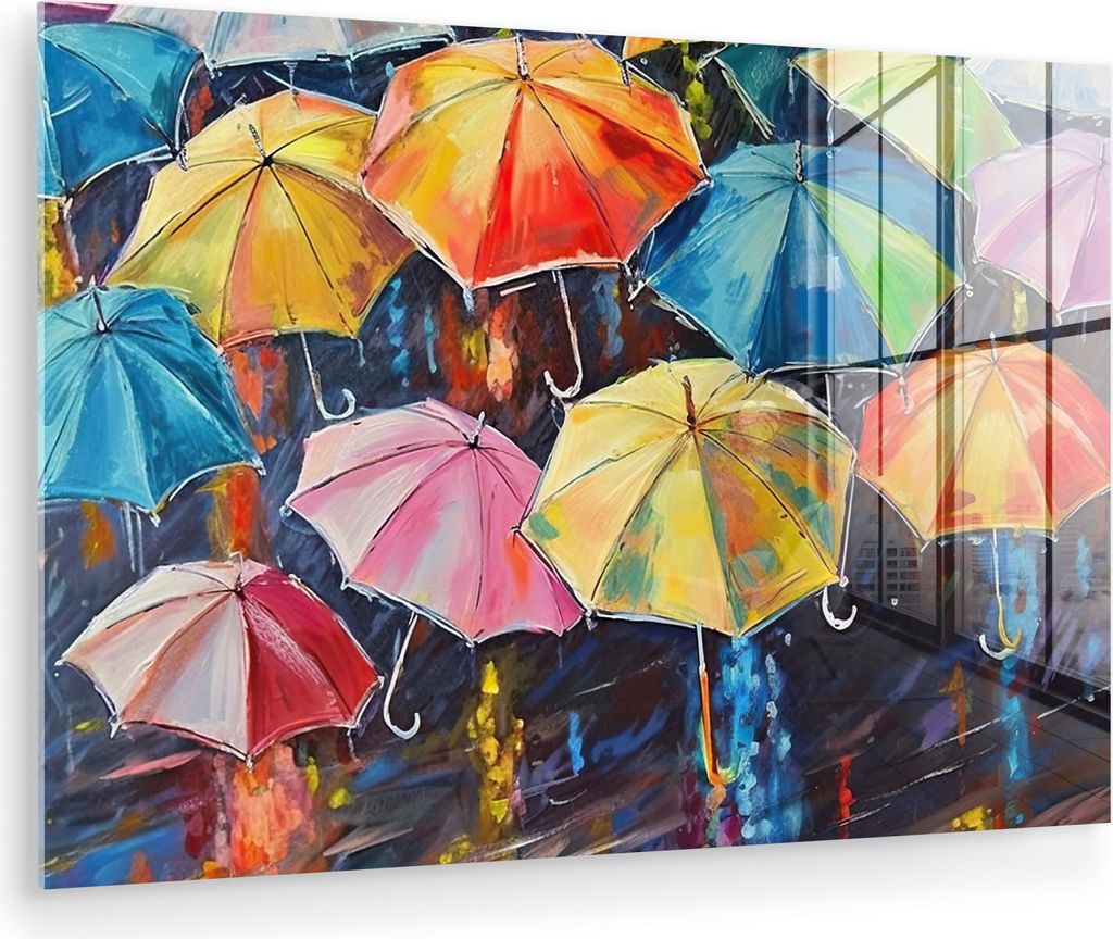 MuchoWow Glasbilder - Bilder auf Wandbild - Foto auf Glas Regenschirme - Malerei - Kunst - Regenbogen 30x20 cm Wanddekoration aus Glas - Acrylglasb...