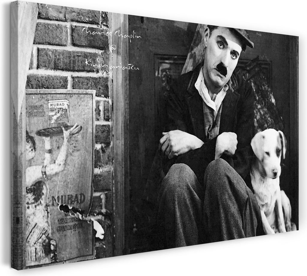 Leinwandbild (80x60cm): Charlie Chaplin mit weißem Hund auf Stufen vor Mauer-Haus, echter Holz-Keilrahmen inkl. Aufhänger, handgefertigt in Deuts...