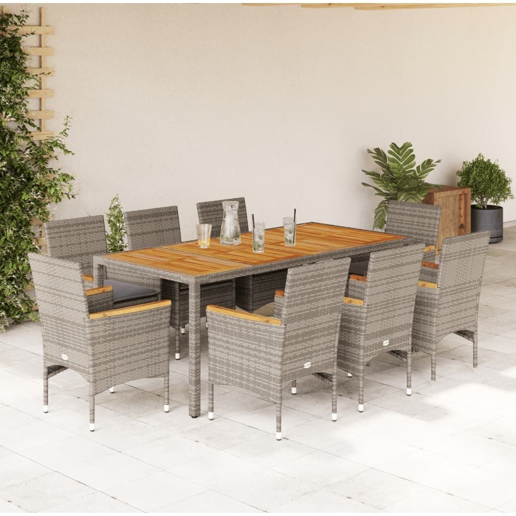 Maison Exclusive - 9-tlg. Garten-Essgruppe mit Kissen Grau Poly Rattan Akazie