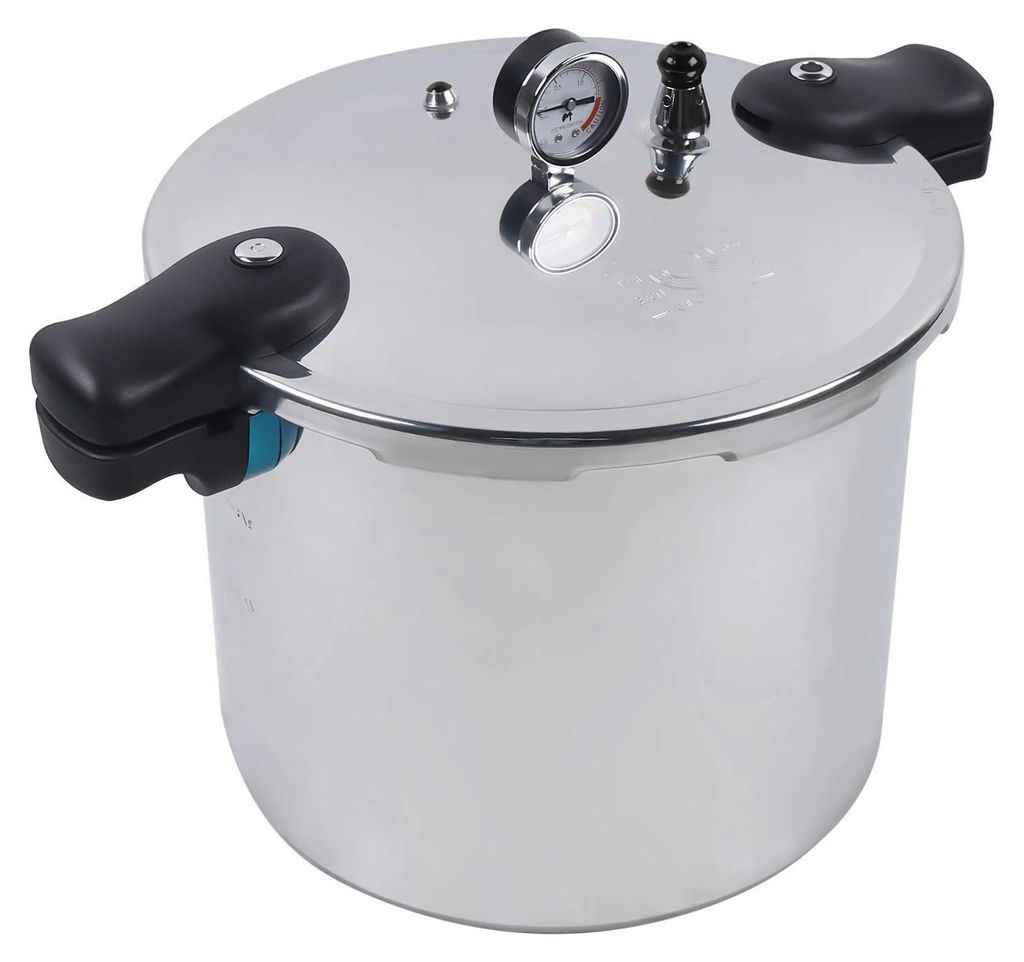 A stainless steel pressure cooker with black handles and a pressure gauge on a white background.