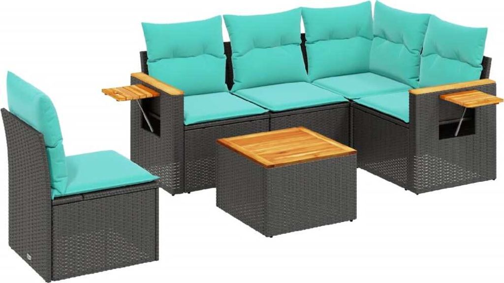 6-tlg. Garten-Sofagarnitur mit Kissen Schwarz Poly Rattan