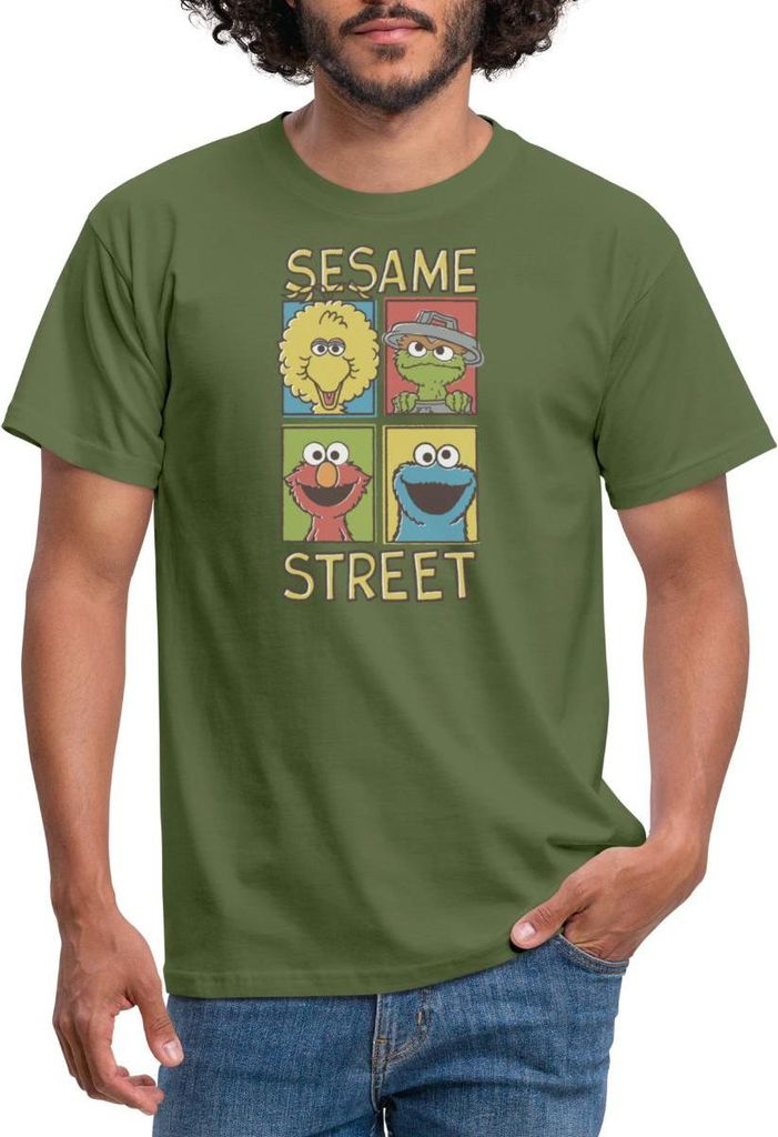 Spreadshirt Sesamstraße Bibo, Oscar, Elmo, Krümelmonster Männer T-Shirt, XL, Militärgrün