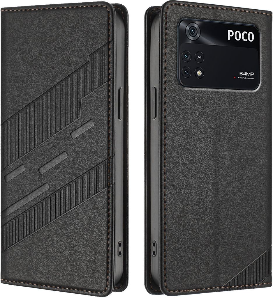Hülle für Xiaomi Poco M4 Pro 4G, Kunstleder Brieftaschen Handyhülle mit Kartenfach und Standfunktion Schwarz