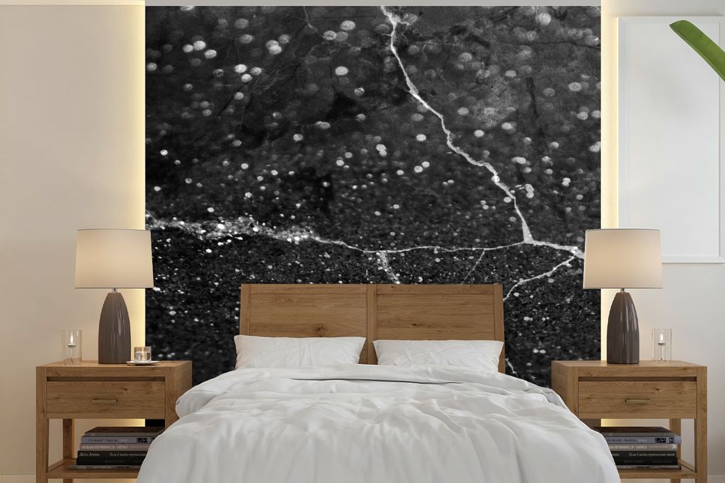 MuchoWow Fototapete für Wohnzimmer oder Schlafzimmer Wandtapete Vinyl Motivtapete Marmor - Schwarz - Silber - 350x350 cm - Schlafzimmertapete
