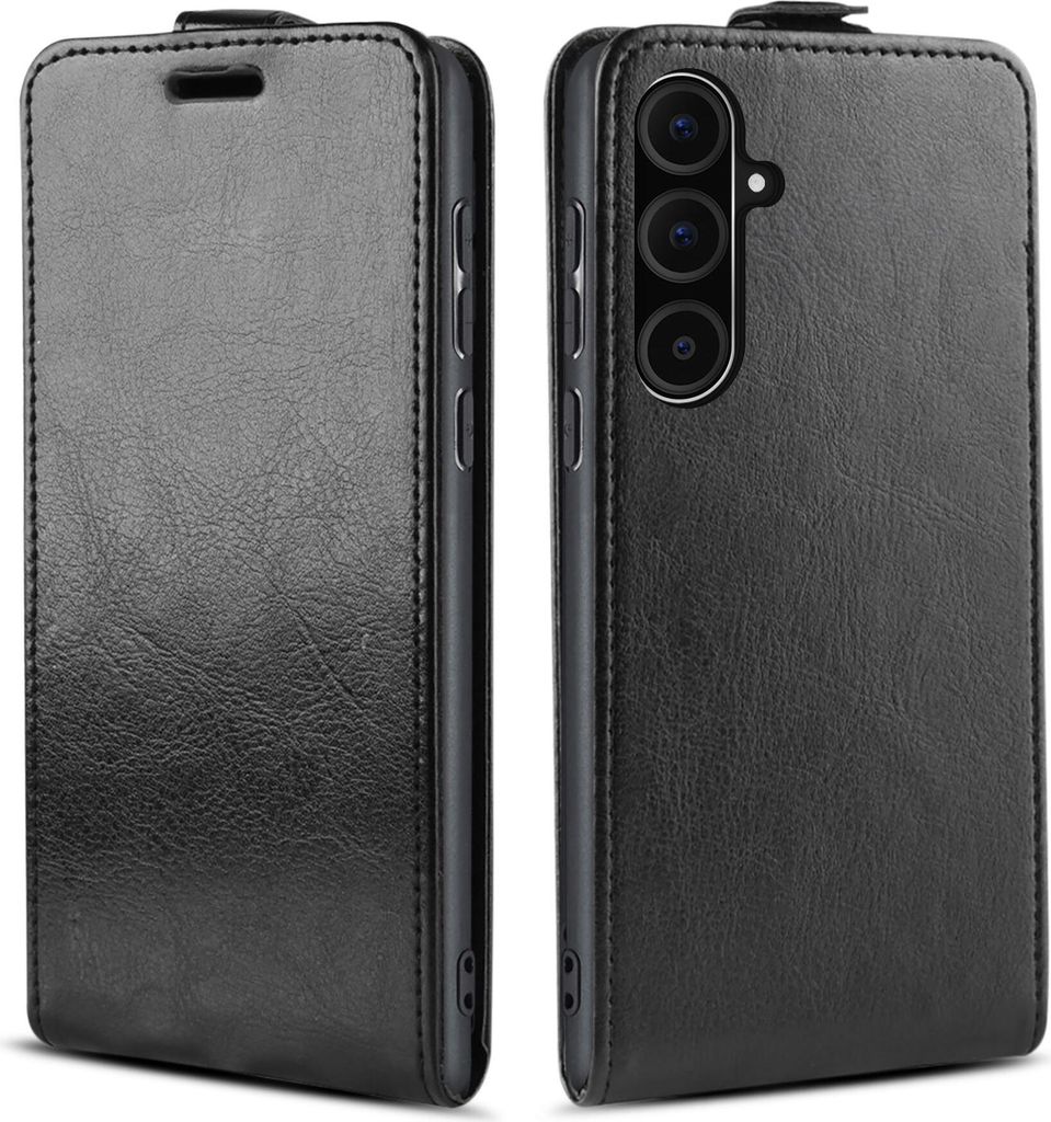 A black flip case for a smartphone is shown from two angles.