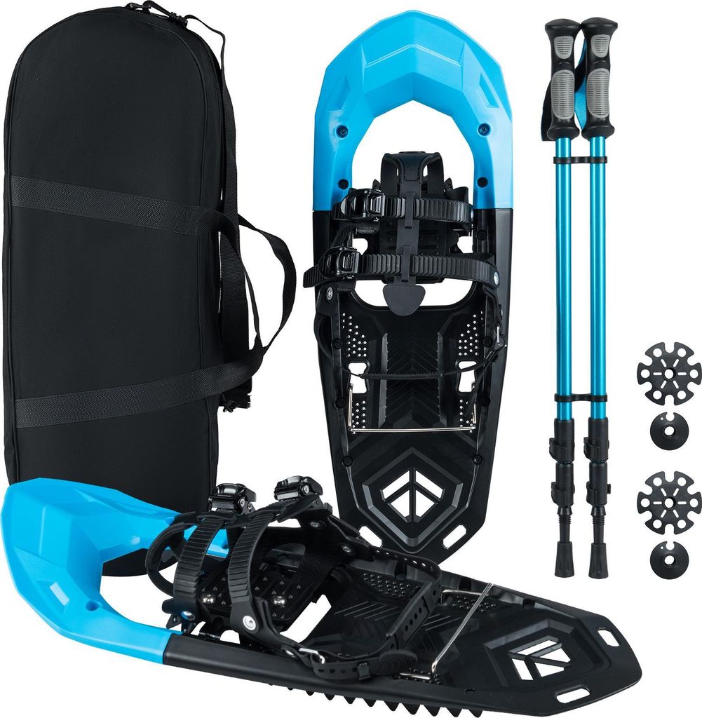 A set of snowshoes and trekking poles laid out on a white background.