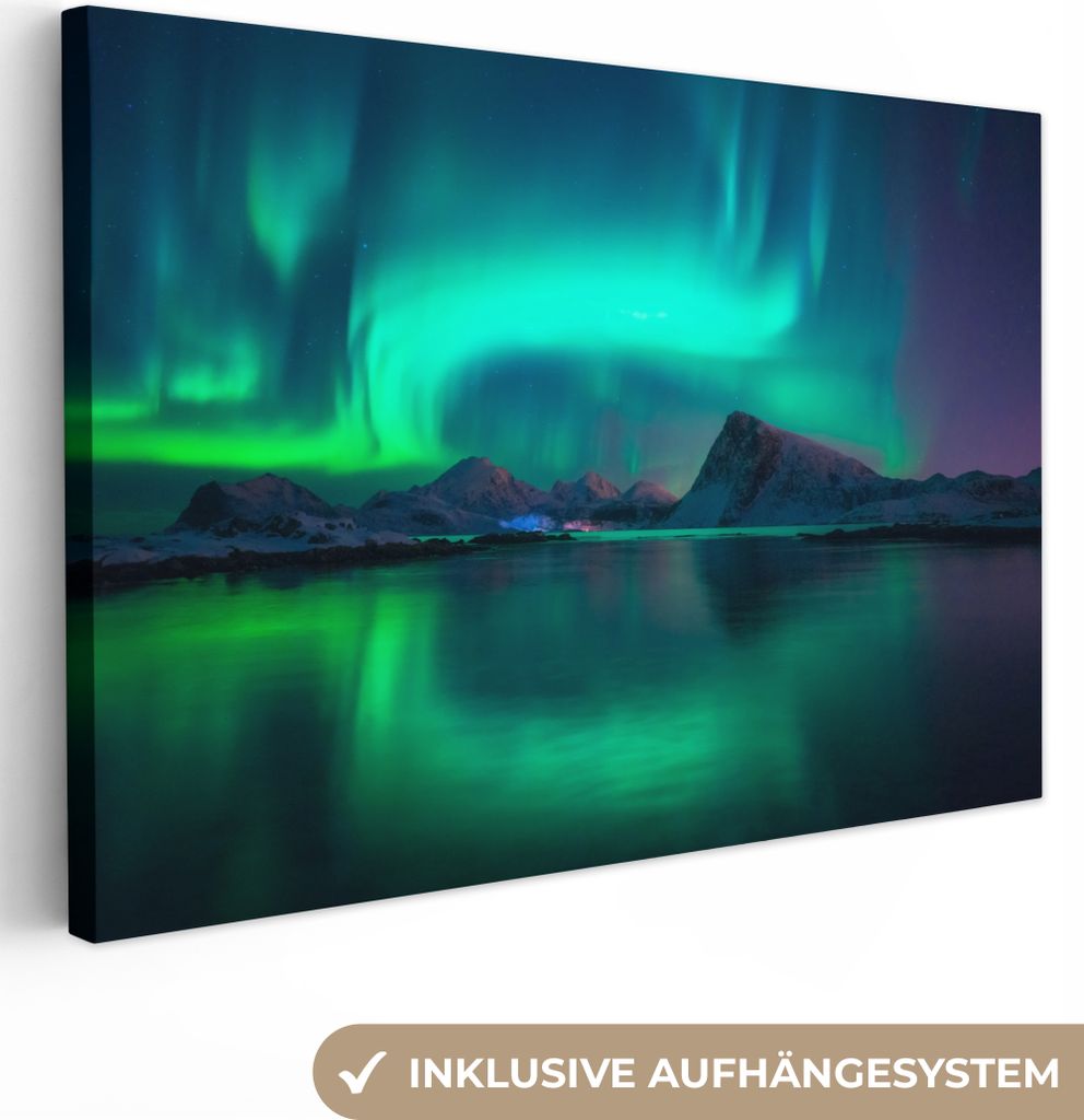 OneMillionCanvasses - Leinwandbilder - 150x100 cm, Nordlichter - Berge - Norwegen, Wandbilder Kunstdruck Wanddekoration