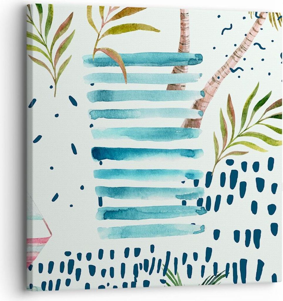 Bild auf Leinwand - Leinwandbild - Aquarell palme tropisch boot - 30x30cm - Wand Bild - Wanddeko - Leinwanddruck - Bilder - Kunstdruck - Wanddekora...