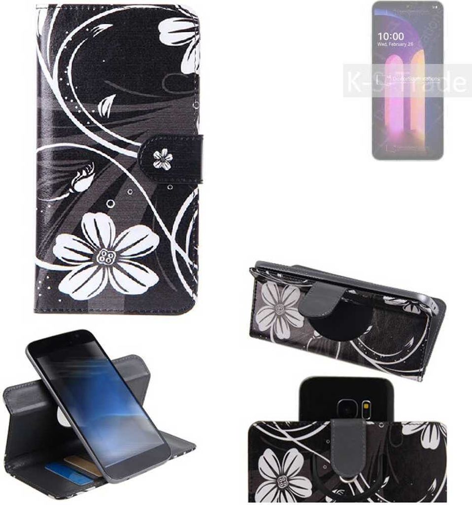 K-S-Trade Schutzhülle Handyhülle kompatibel mit LG Electronics V60 ThinQ Hülle 360° Wallet Case ''Flowers'' Klapphülle Hülle schwarz-weiß 1x