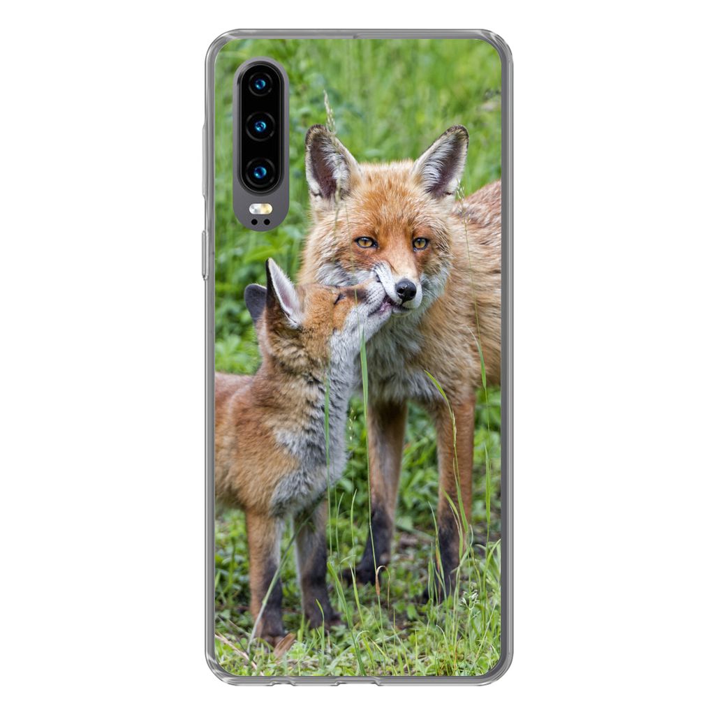 MuchoWow Handyhülle Schutzhülle Hülle für Huawei P30 Füchse - Kind - Gras Silikon Softcase Handy Hülle - Kartenbesitzer