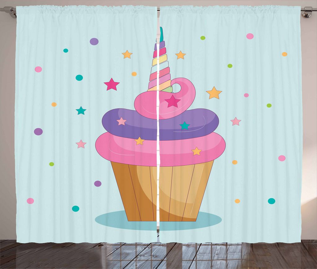 ABAKUHAUS Cupcake Rustikaler Gardine, Einhorn Kuchen Fee Regenbogen, Schlafzimmer Kräuselband Vorhang mit Schlaufen und Haken, 280 x 225 cm, Mehrf...