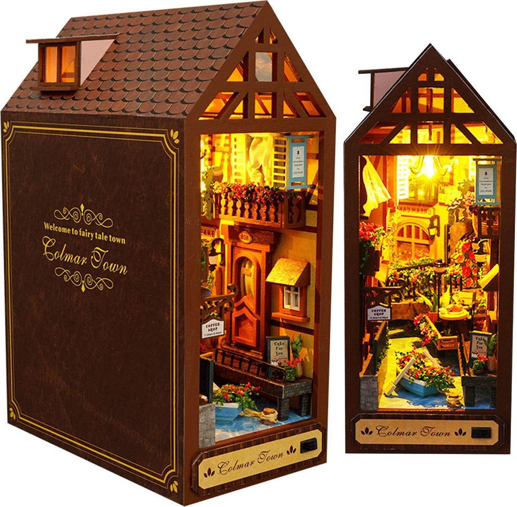 MODFU 3D Puzzle,Buchstützen aus Holz, DIY Book Nook Kit, DIY Puppenhäuser Miniatur Haus Kit mit Möbeln und LED-Licht,Modellbausätze,Weihnachtsg...