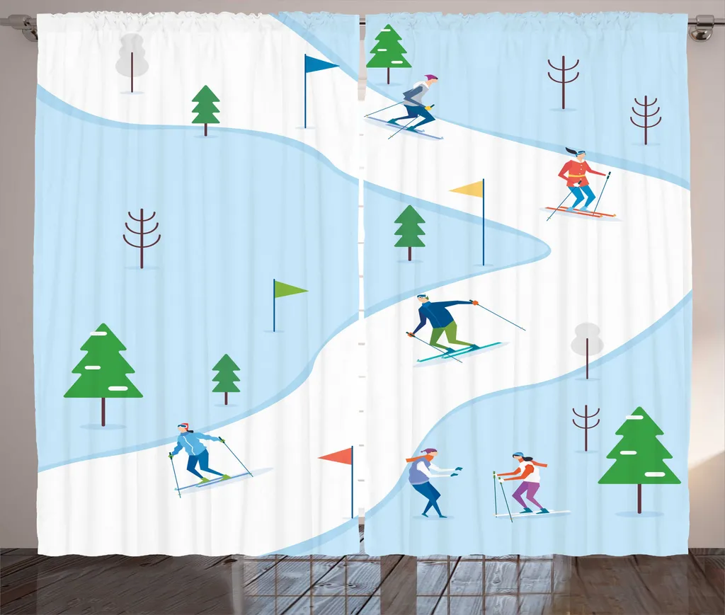 Rideau de fenêtre décoratif thème sports d'hiver et ski, 280 x 225 cm