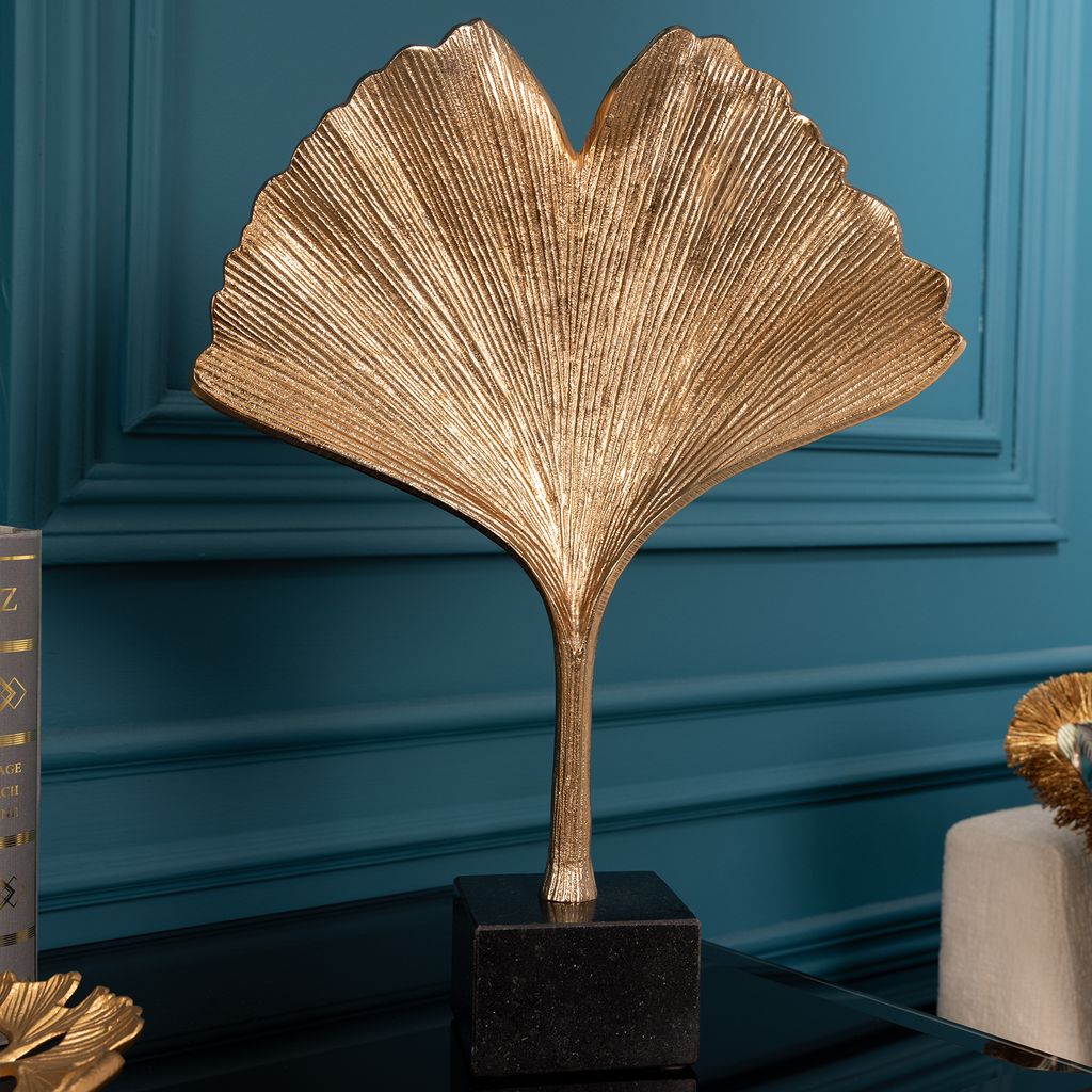 Dekorative Skulptur GINKGO LEAF 34cm gold handmade Metall mit Marmorsockel