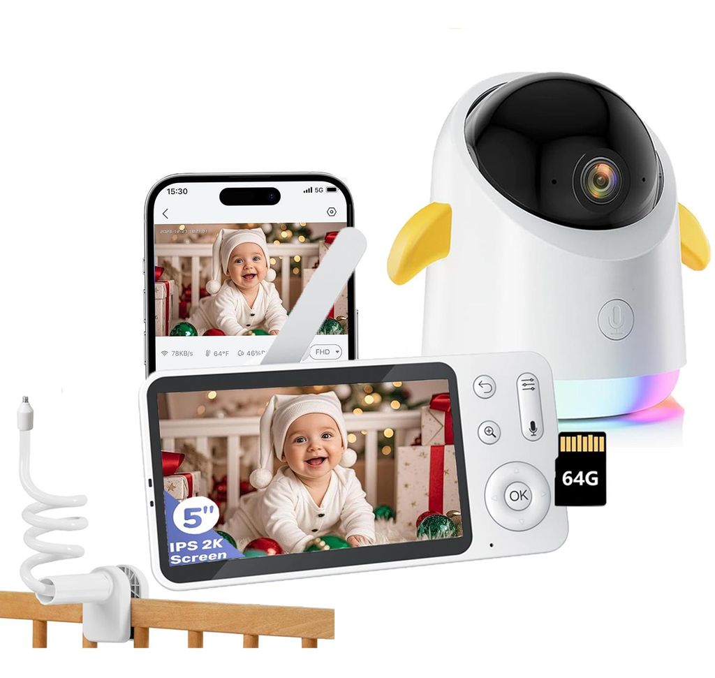 5" Babyphone mit Kamera APP 360° WLAN Video Babyfone RGB Nachtsicht Weinen/Bewegungs/Geräusch-Erkennung Temperaturanzeige mit Halterung & 64G Karte