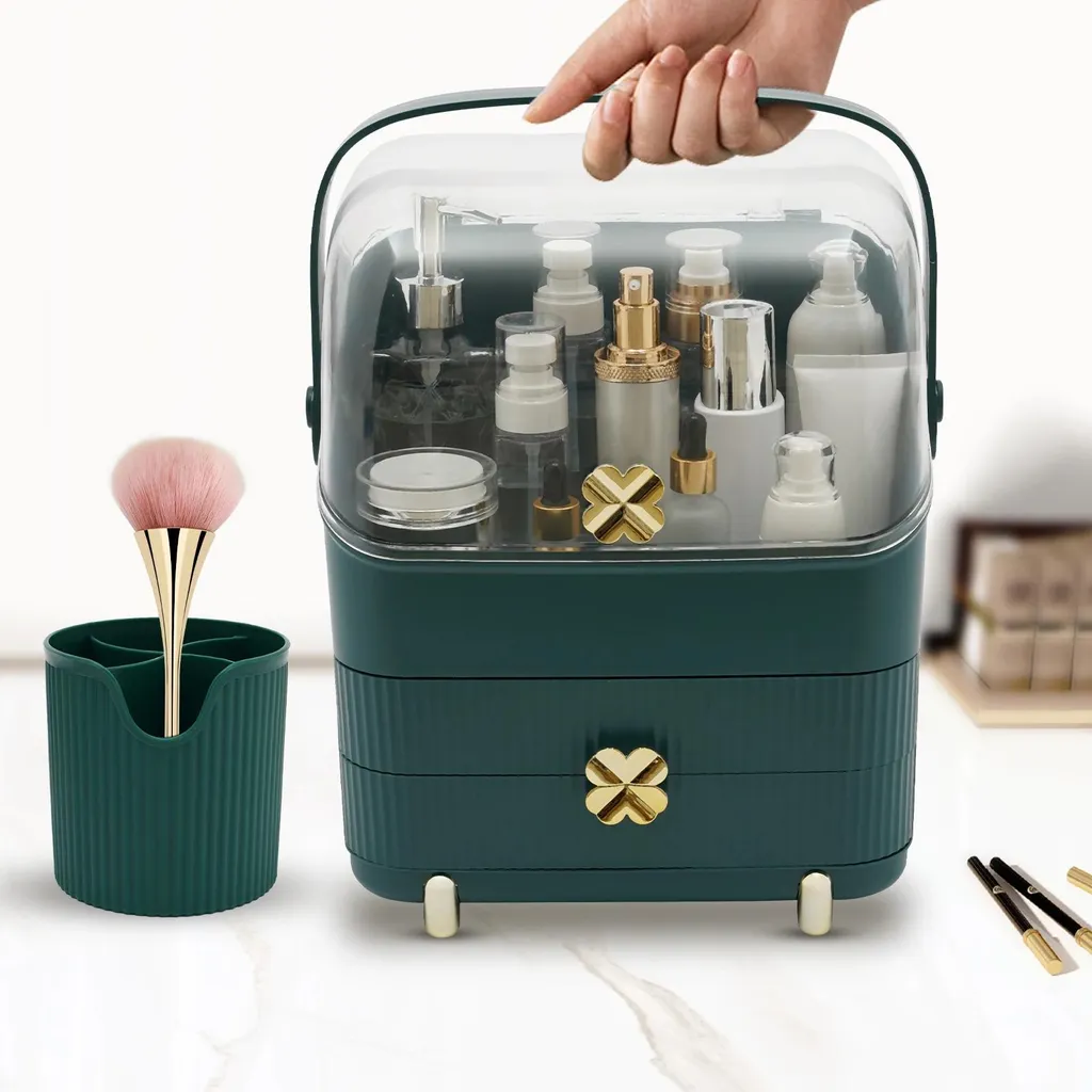Organiseur de maquillage vert avec tiroirs et couvercle anti-poussière