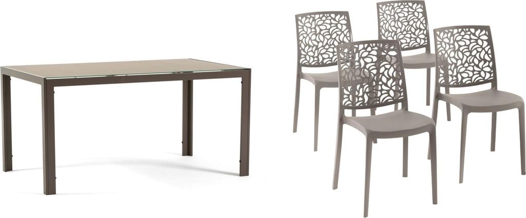 Ess-Set mit rechteckigem Tisch 150×90 cm aus Aluminium und 4 Stühlen aus glasfaserverstärktem Harz – modernes, robustes und vielseitiges Desig...