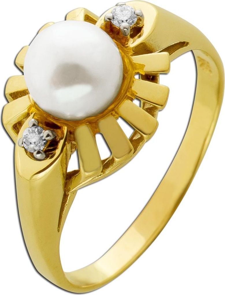Perlenring Gold 585 14K Akoyaperle Brillanten 0.06ct Antikschmuck 19
