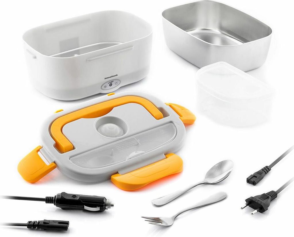 An electric lunch box and its components are displayed against a white background.