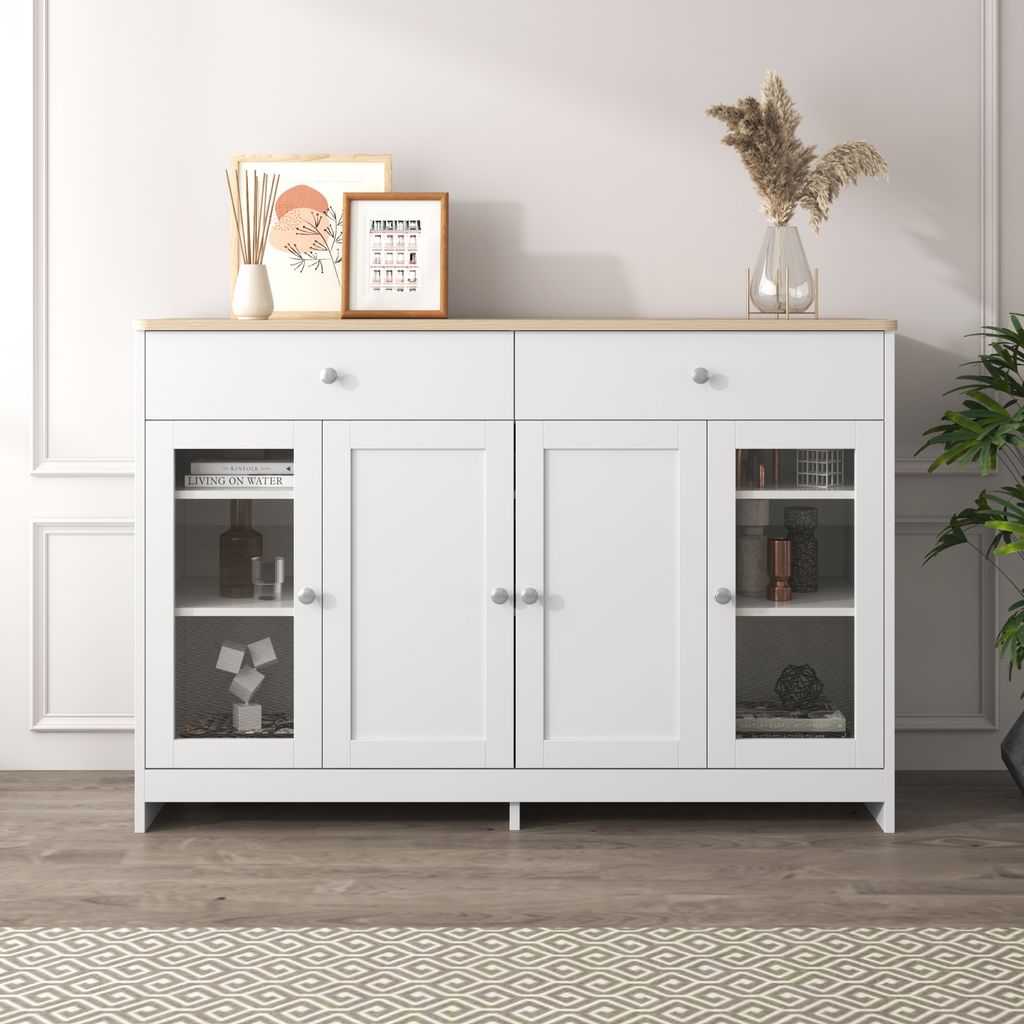 MODFU Kommoden Sideboard mit gehärteten Glastüren und Schubladen, Landhausstil,Weiß