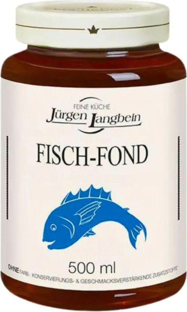 A jar of fish stock on a white background.