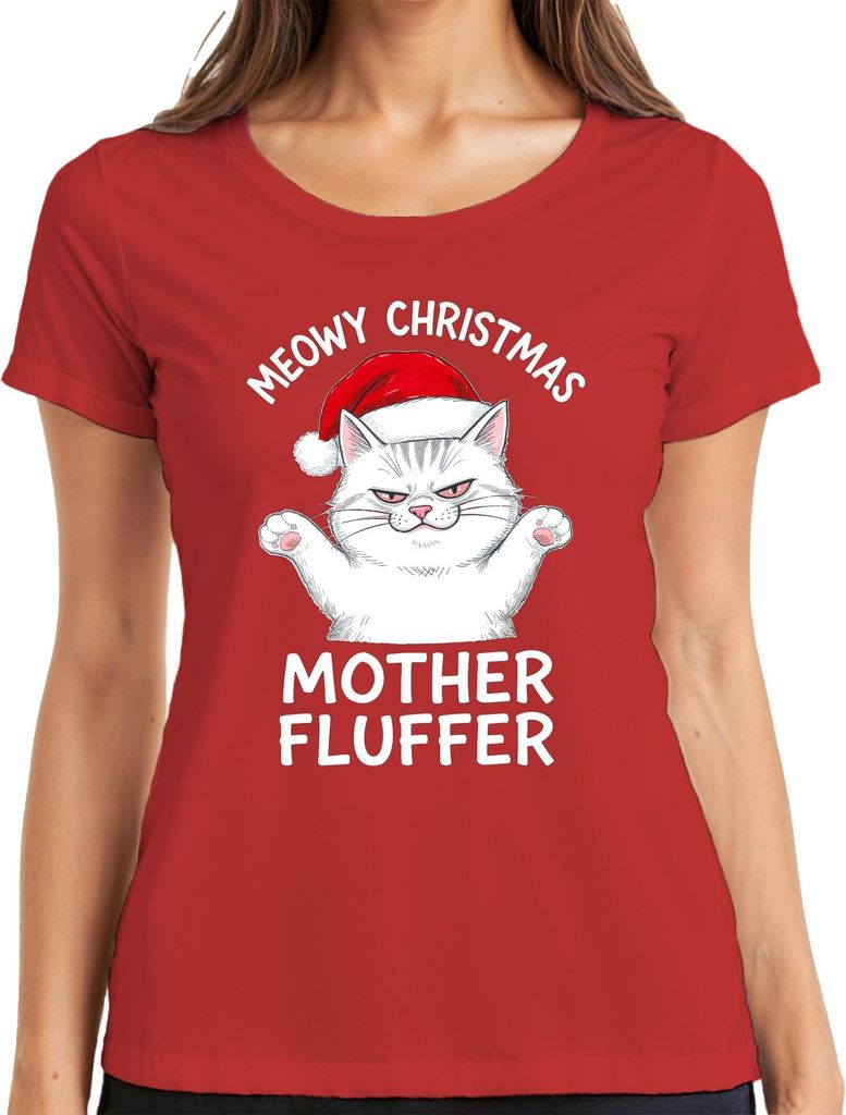 MEOWY CHRISTMAS MOTHER FLUFFER Weihnachten Katze Geschenk Lustig Damen T-Shirt, Rot, XXL