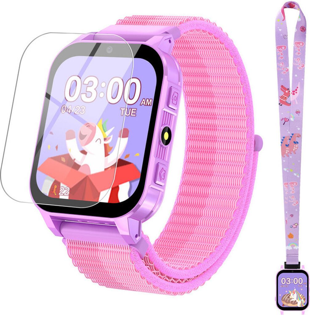 (Lila)Kinder Smartwatch - Geschenk für 4- bis 12-Jährige, inklusive Displayschutz, 30 Spiele, 140 Lernkarten, HD-Touchscreen, Kamera, Musik, ...