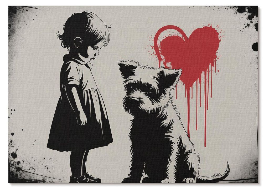 POSTER - 84x59 cm (A1) - Sableen - Schwarz-weißes Mädchen-Hund-Herz - Wandbild für Wohnzimmer Schlafzimmer & Flur, Modernes Poster Wanddeko, Ung...